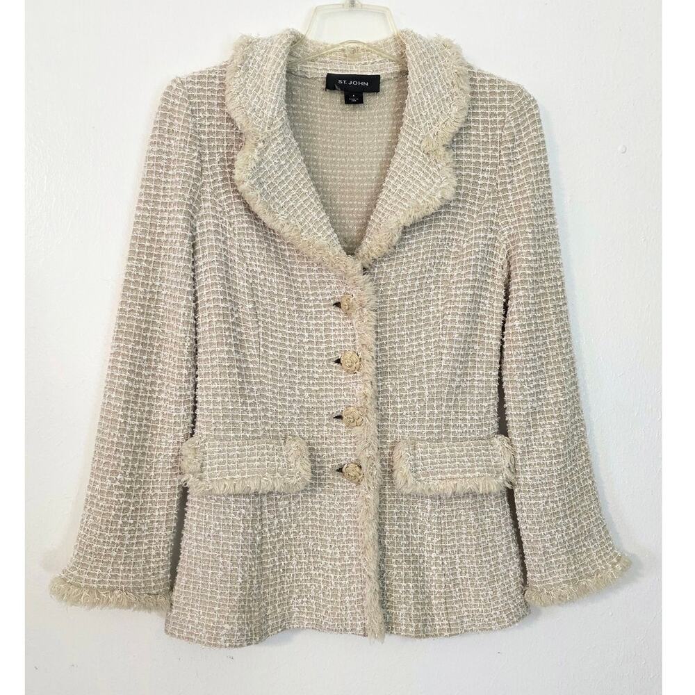 St. John Tweed Fringe Knit Rose Button Front Shoulder Pad Tailored Blazer Jacket - Picture 2 of 9